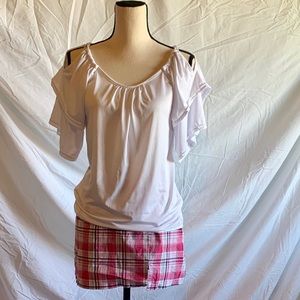 Bundle Flowing white top & Pink plaid skirt Small